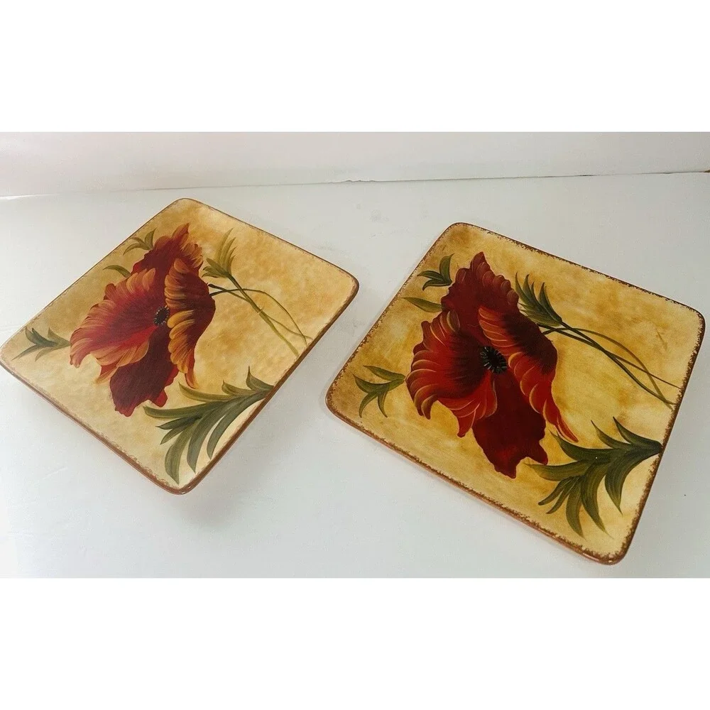 Pier 1 Imports Poppies Plates 8.5 In Hand Painted Earthenware Square Floral Red